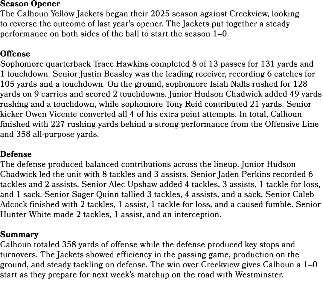 Season Opener The Calhoun Yellow Jackets began their 2025 season against Creekview, looking to reverse the outcome of...