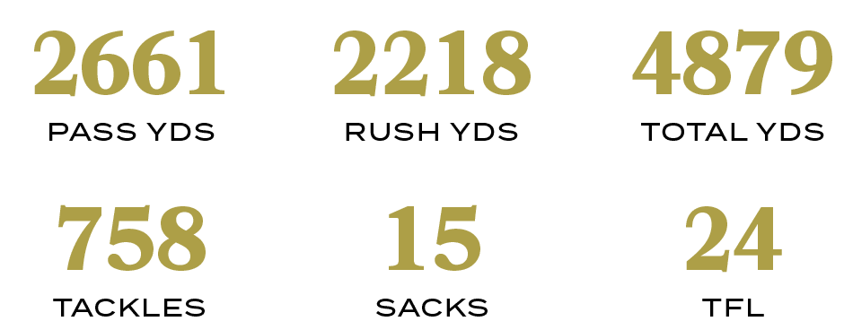 TFL,19,SACKS,11,TACKLES,673,TOTAL YDS,4704,RUSH YDS,2179,PASS YDS,252