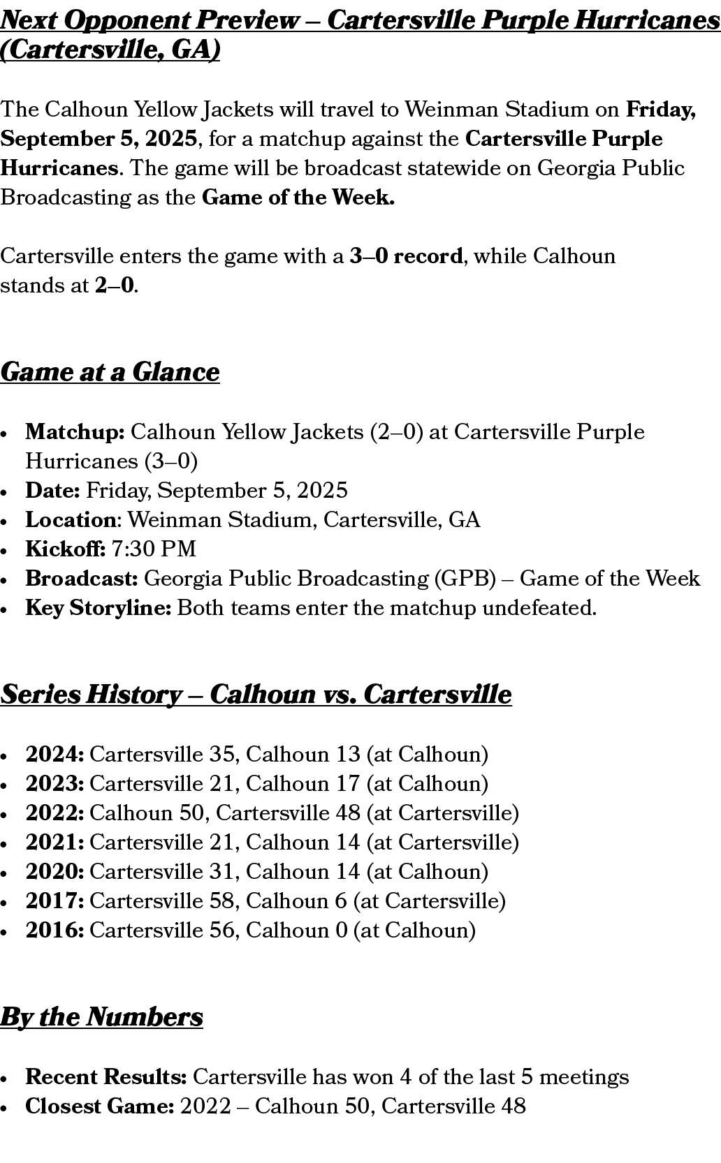 Next Opponent Preview – Cartersville Purple Hurricanes (Cartersville, GA) The Calhoun Yellow Jackets will travel to W...