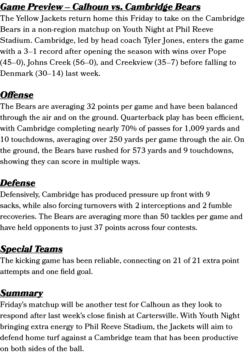 Game Preview – Calhoun vs. Cambridge Bears The Yellow Jackets return home this Friday to take on the Cambridge Bears ...