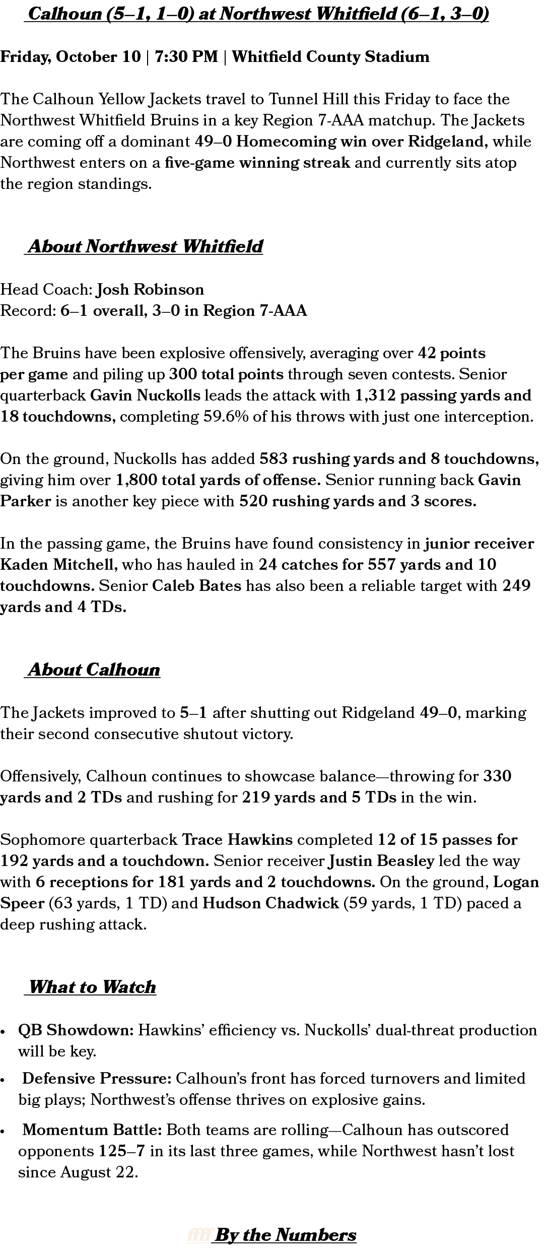 ffff Calhoun (5–1, 1–0) at Northwest Whitfield (6–1, 3–0) Friday, October 10 | 7:30 PM | Whitfield County Stadium The...