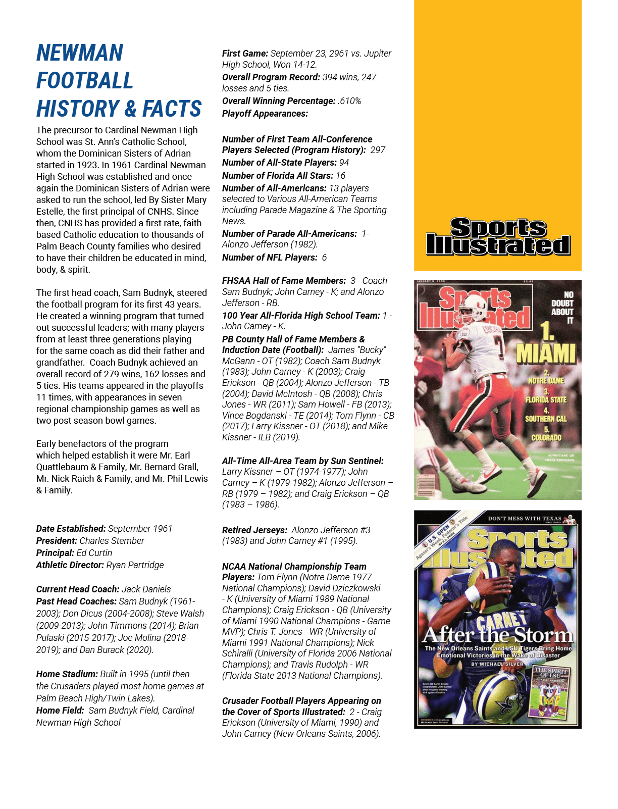  First Game: September 23, 2961 vs. Jupiter High School, Won 14 12. Overall Program Record: 394 wins, 247 losses and ...