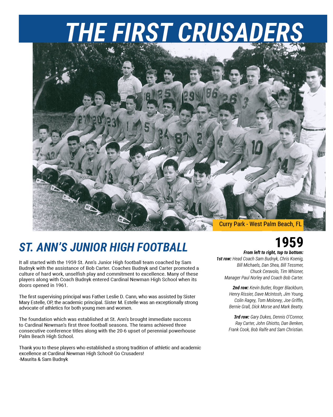 ST. ANN’S JUNIOR HIGH FOOTBALL,THE FIRST CRUSADERS,1959,From left to right, top to bottom: 1st row: Head Coach Sam Bu...
