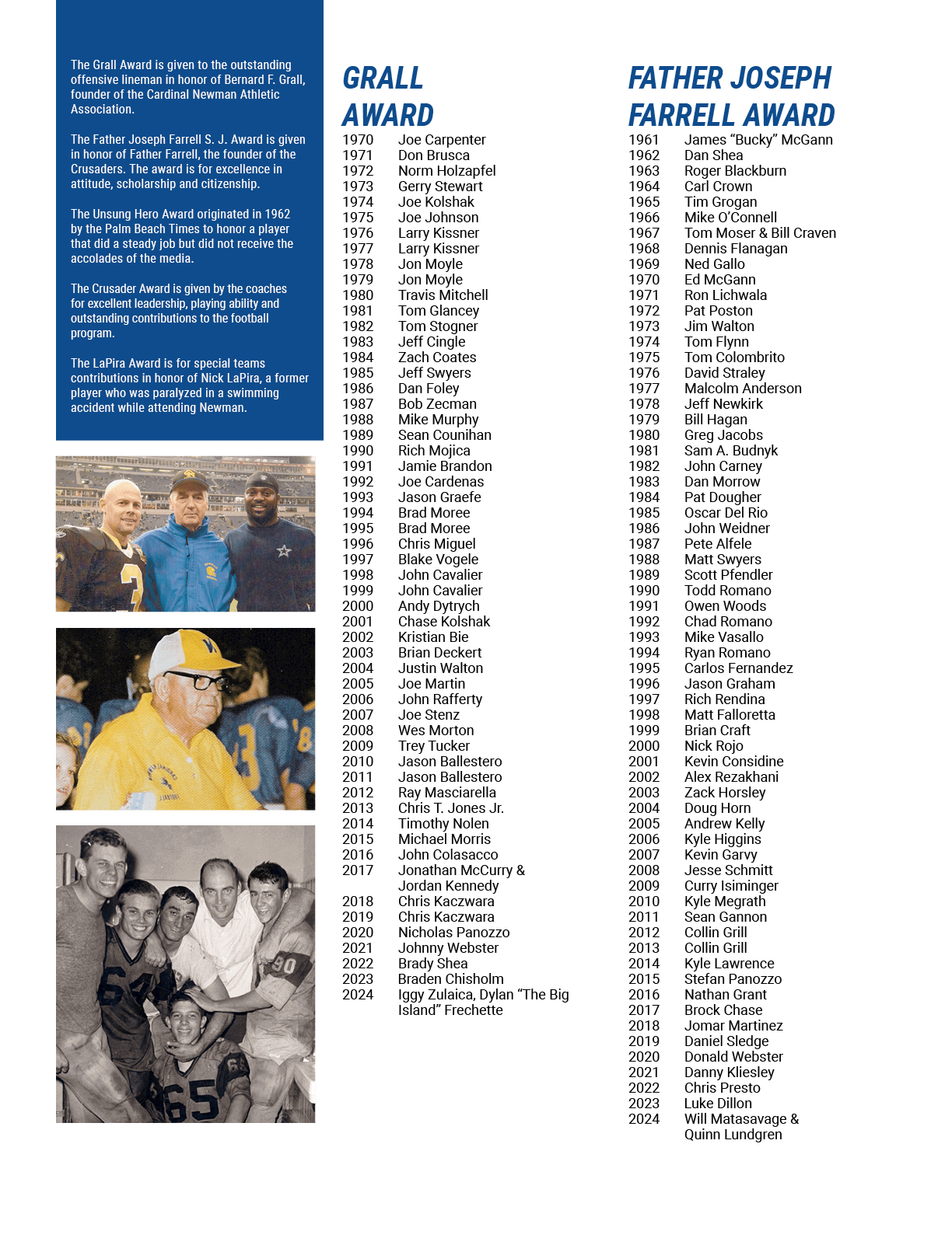 The Grall Award is given to the outstanding offensive lineman in honor of Bernard F. Grall, founder of the Cardinal N...