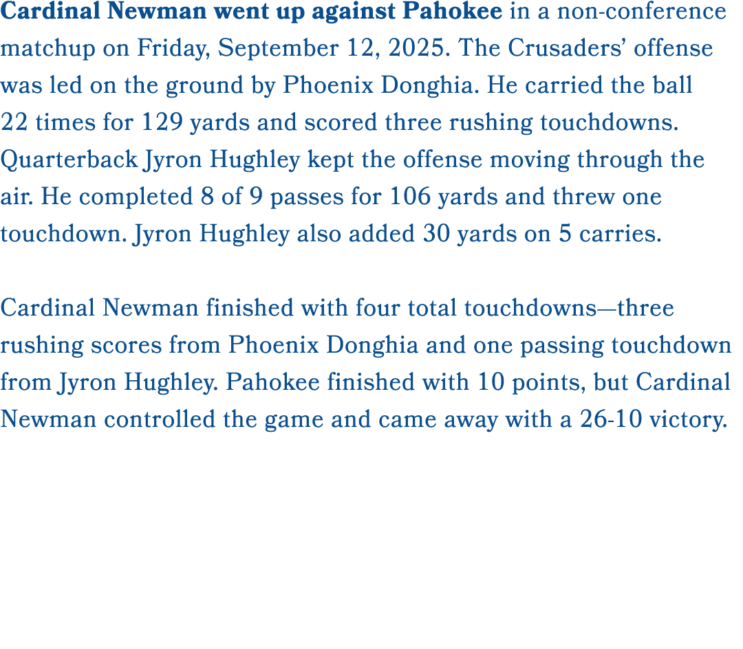 Cardinal Newman went up against Pahokee in a non conference matchup on Friday, September 12, 2025. The Crusaders’ off...