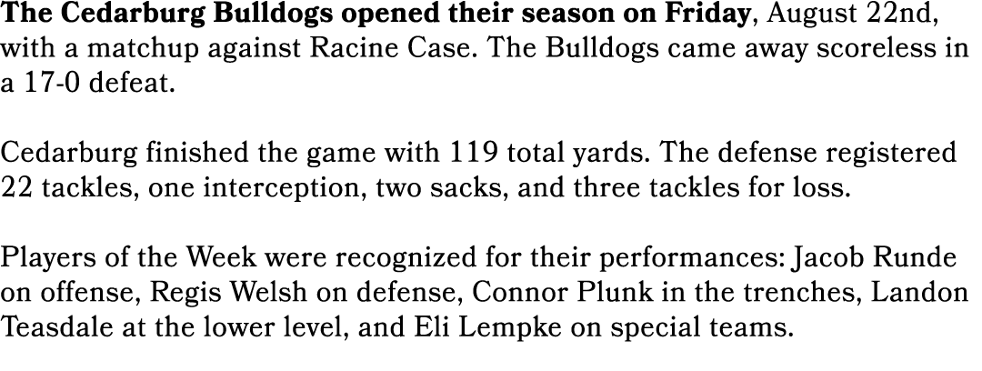 The Cedarburg Bulldogs opened their season on Friday, August 22nd, with a matchup against Racine Case. The Bulldogs c...