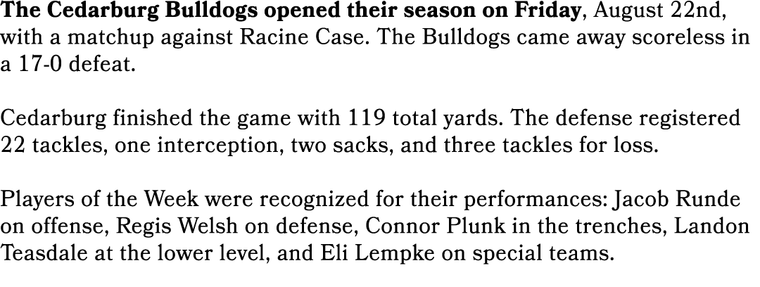 The Cedarburg Bulldogs opened their season on Friday, August 22nd, with a matchup against Racine Case. The Bulldogs c...