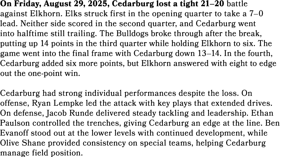 On Friday, August 29, 2025, Cedarburg lost a tight 21–20 battle against Elkhorn. Elks struck first in the opening qua...
