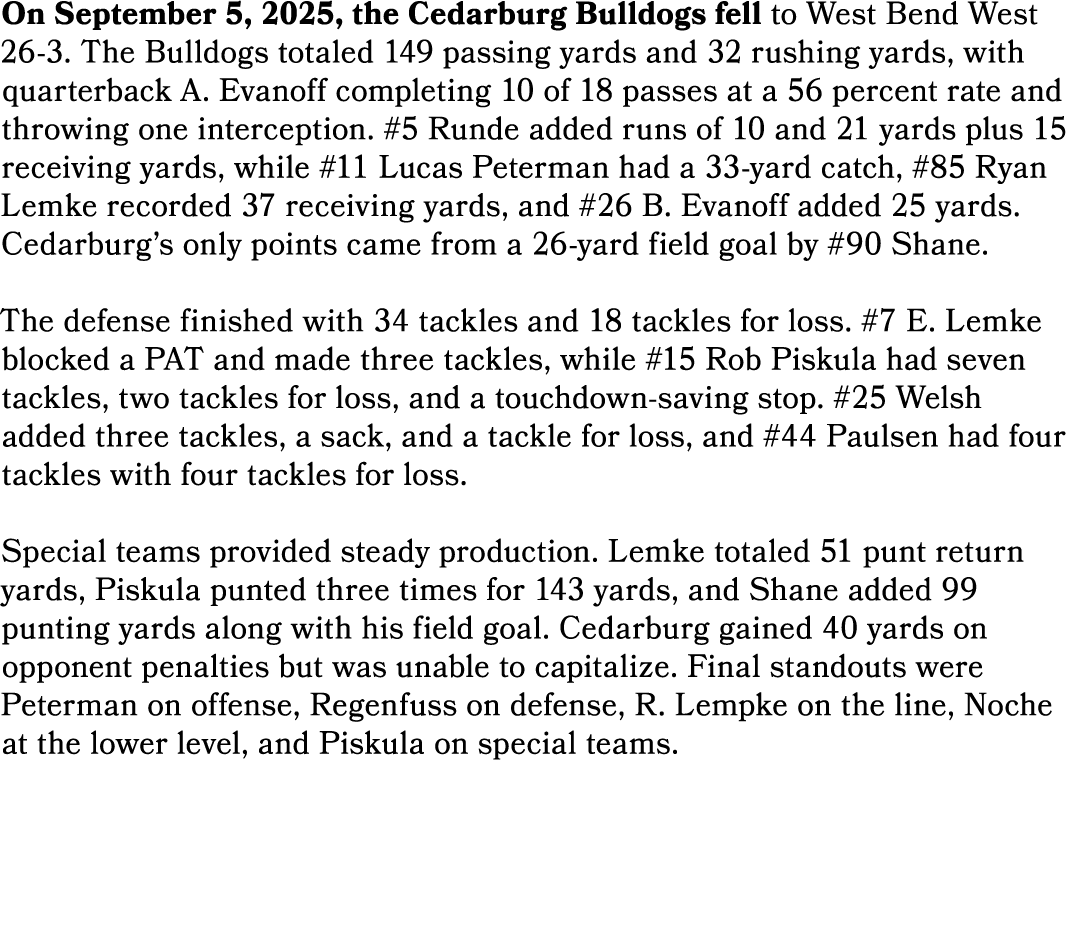 On September 5, 2025, the Cedarburg Bulldogs fell to West Bend West 26 3. The Bulldogs totaled 149 passing yards and ...