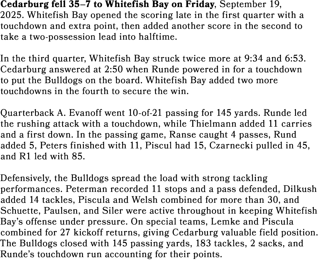 Cedarburg fell 35–7 to Whitefish Bay on Friday, September 19, 2025. Whitefish Bay opened the scoring late in the firs...