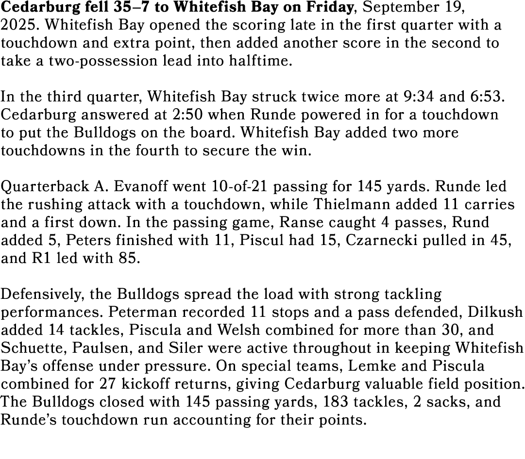 Cedarburg fell 35–7 to Whitefish Bay on Friday, September 19, 2025. Whitefish Bay opened the scoring late in the firs...