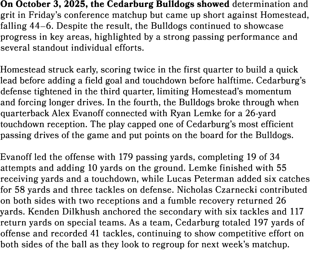 On October 3, 2025, the Cedarburg Bulldogs showed determination and grit in Friday’s conference matchup but came up s...