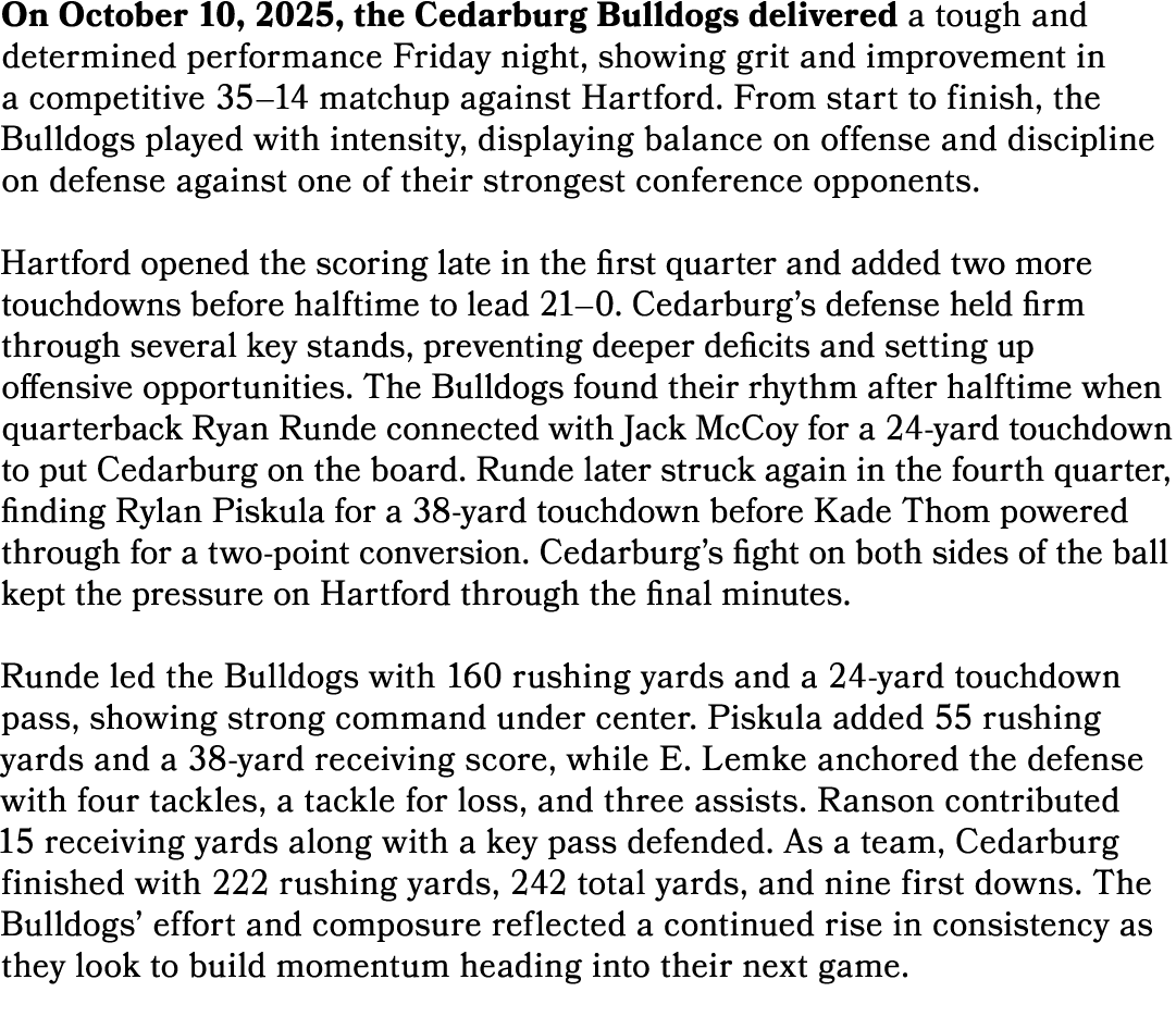 On October 10, 2025, the Cedarburg Bulldogs delivered a tough and determined performance Friday night, showing grit a...
