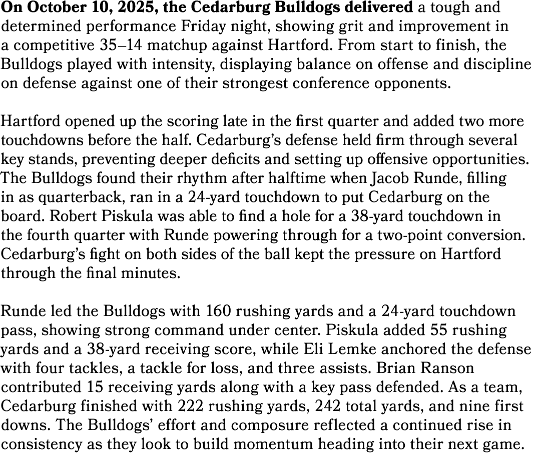 On October 10, 2025, the Cedarburg Bulldogs delivered a tough and determined performance Friday night, showing grit a...