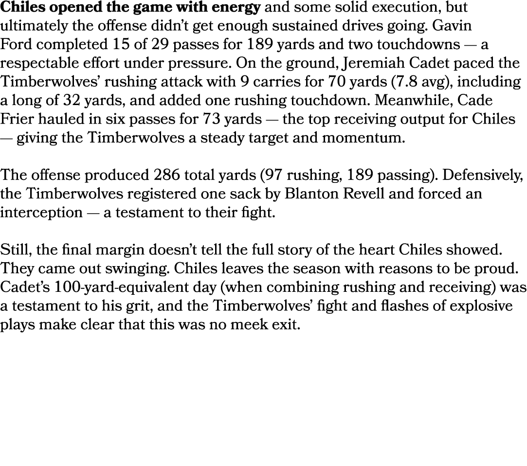 Chiles opened the game with energy and some solid execution, but ultimately the offense didn’t get enough sustained d...