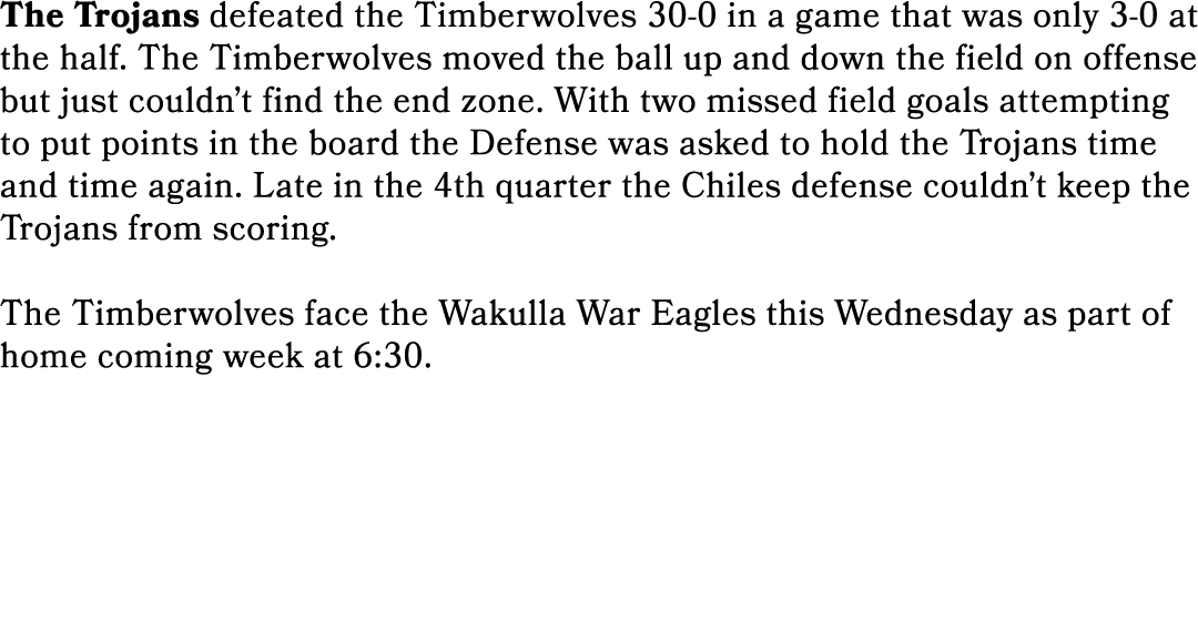 The Trojans defeated the Timberwolves 30 0 in a game that was only 3 0 at the half. The Timberwolves moved the ball u...