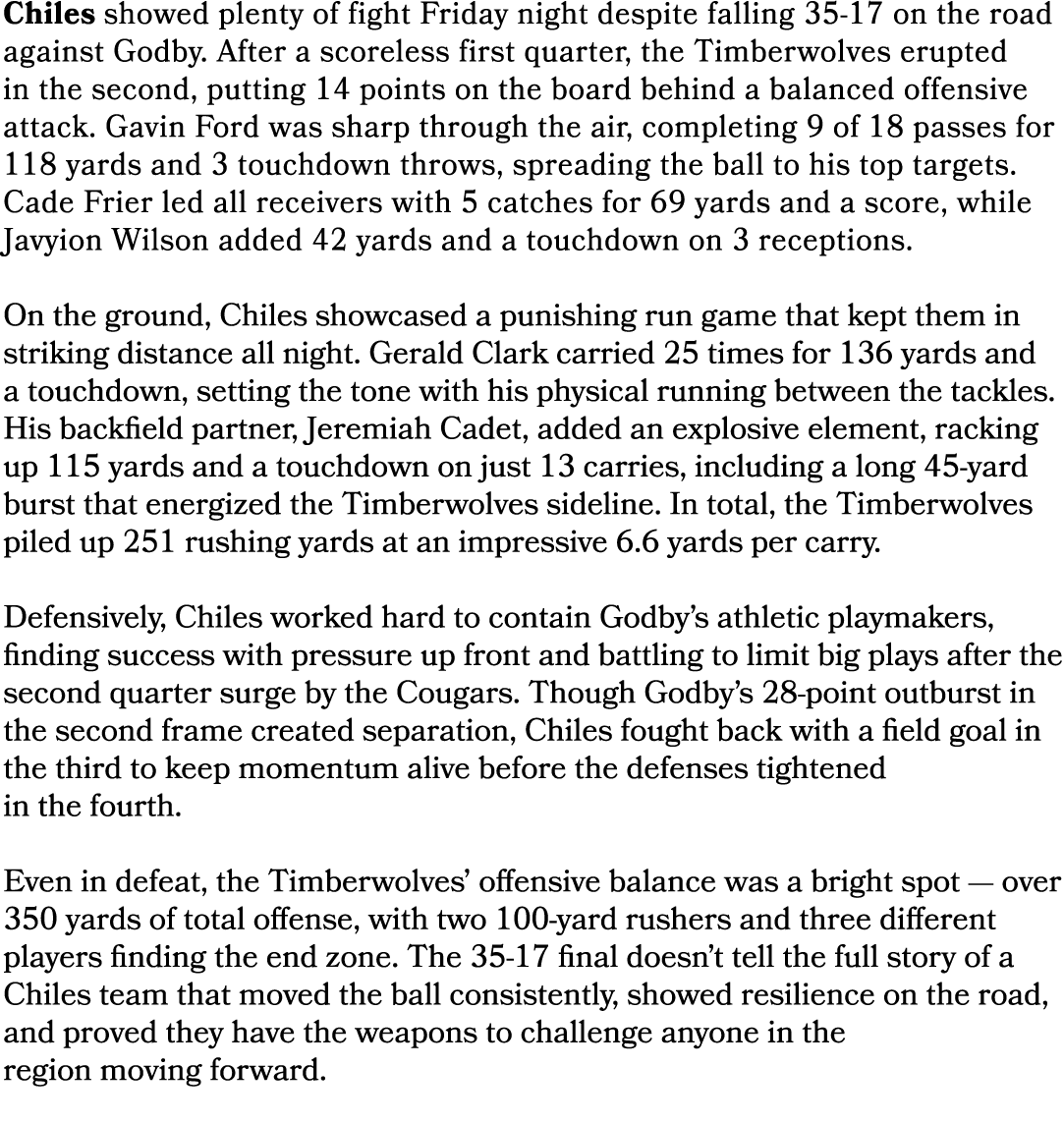 Chiles showed plenty of fight Friday night despite falling 35 17 on the road against Godby. After a scoreless first q...