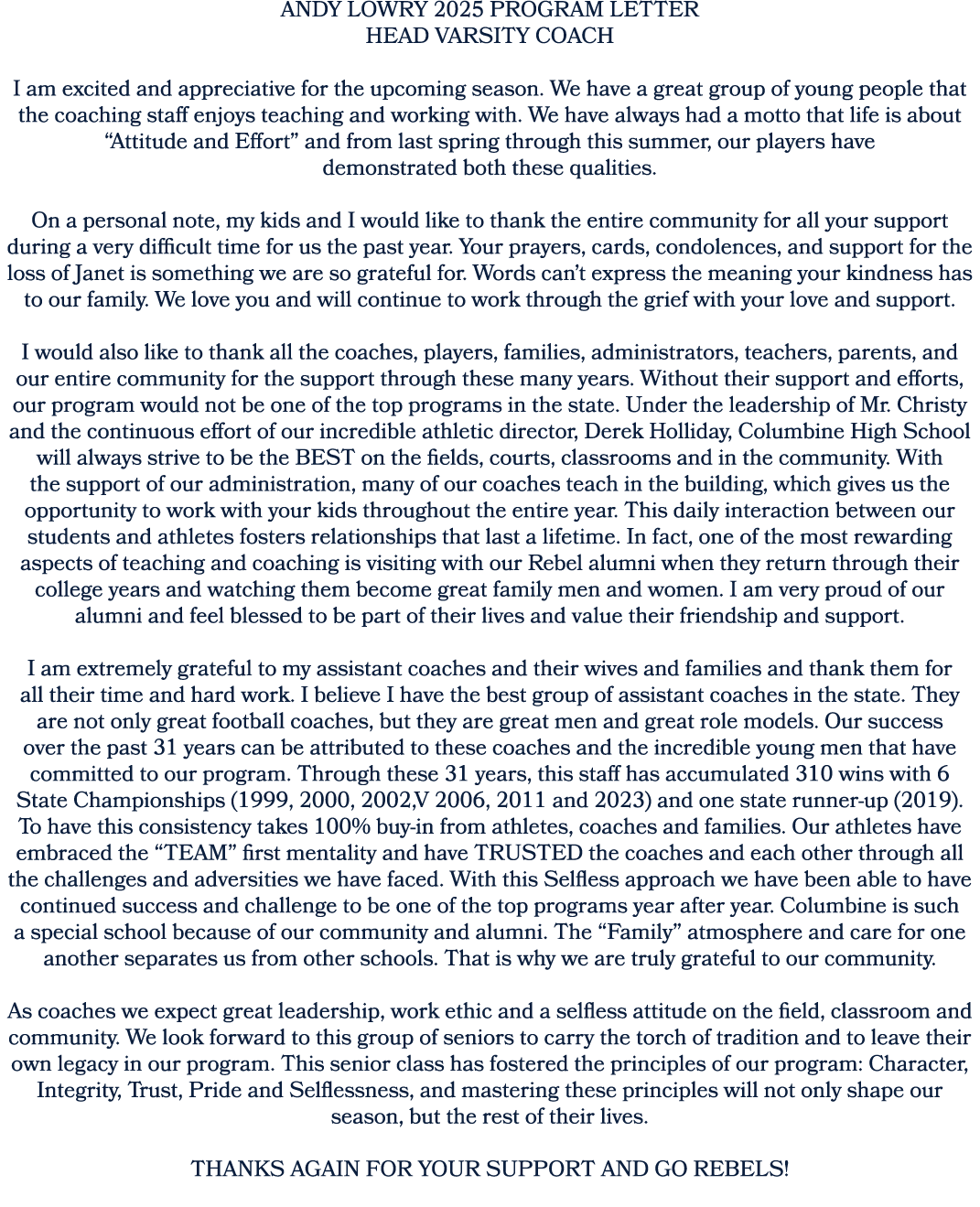 ANDY LOWRY 2025 PROGRAM LETTER HEAD VARSITY COACH I am excited and appreciative for the upcoming season. We have a gr...