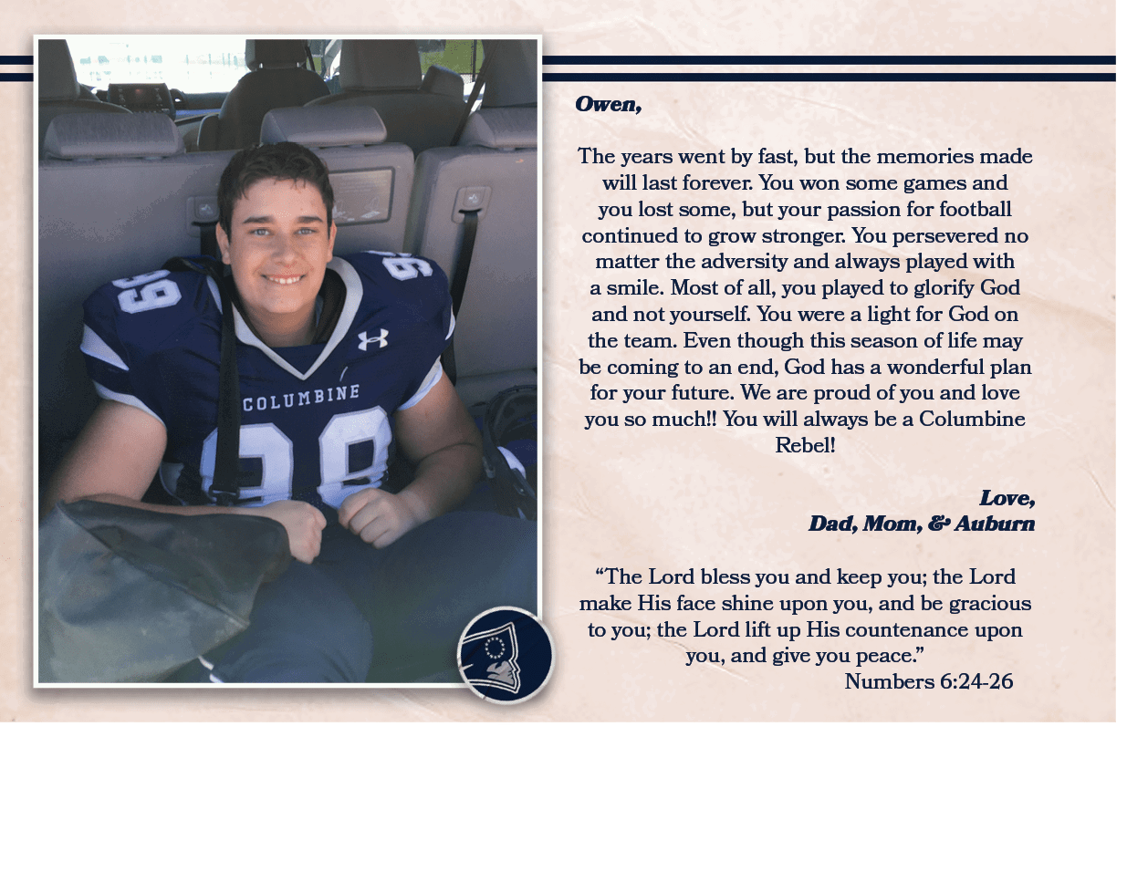 Owen, The years went by fast, but the memories made will last forever. You won some games and you lost some, but your...