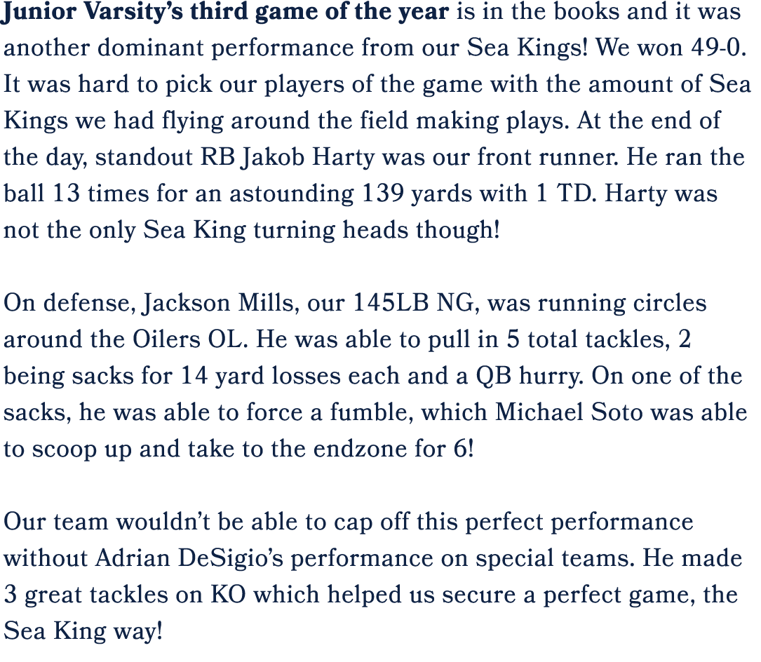 Junior Varsity’s third game of the year is in the books and it was another dominant performance from our Sea Kings! W...