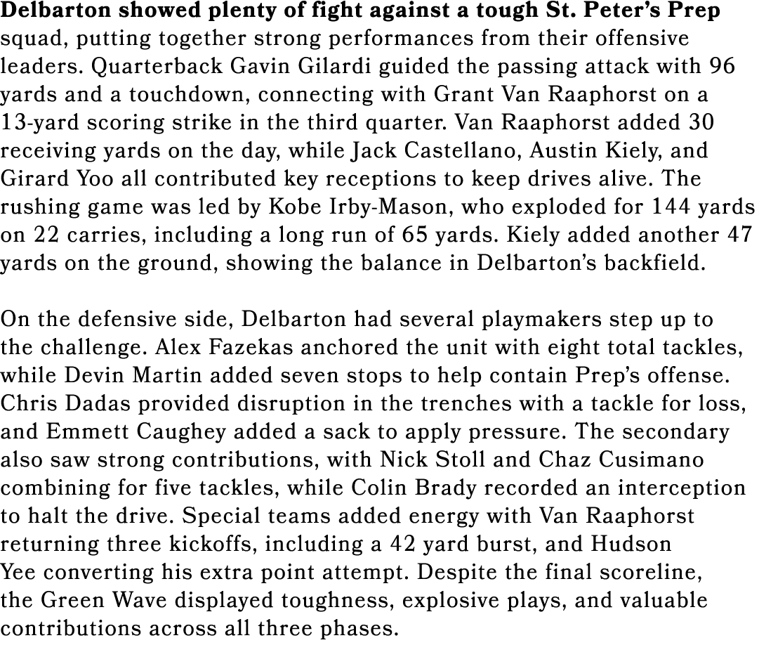 Delbarton showed plenty of fight against a tough St. Peter’s Prep squad, putting together strong performances from th...