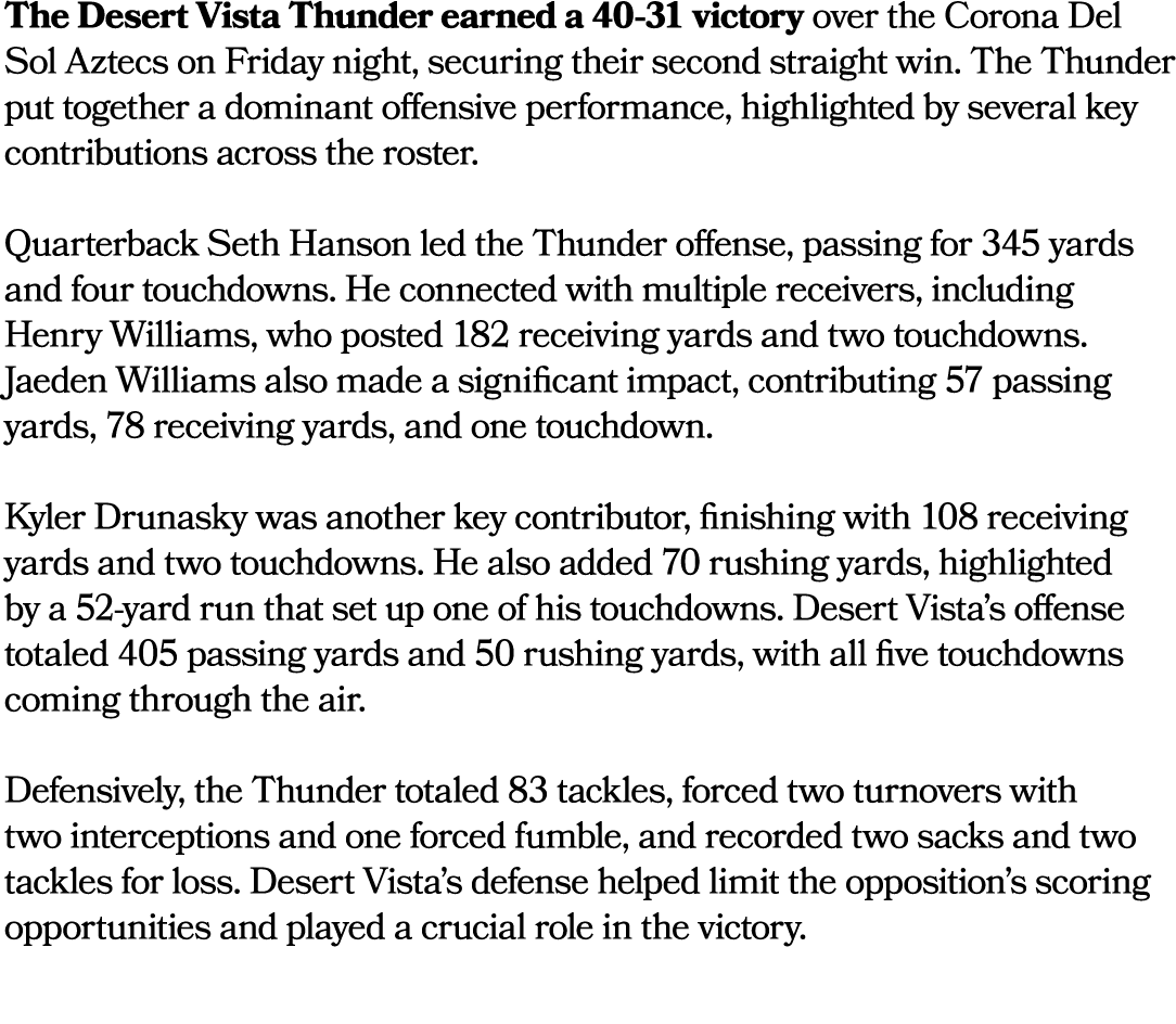 The Desert Vista Thunder earned a 40 31 victory over the Corona Del Sol Aztecs on Friday night, securing their second...