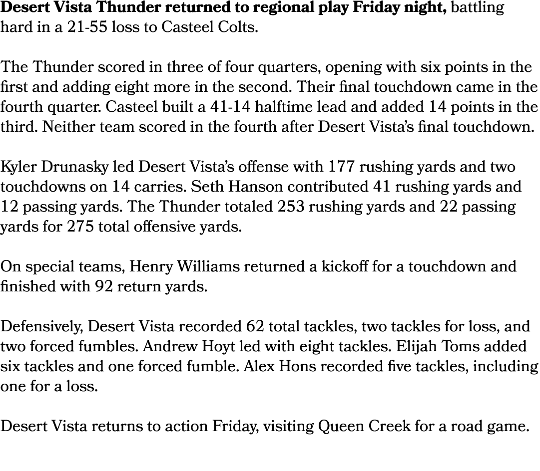 Desert Vista Thunder returned to regional play Friday night, battling hard in a 21 55 loss to Casteel Colts. The Thun...