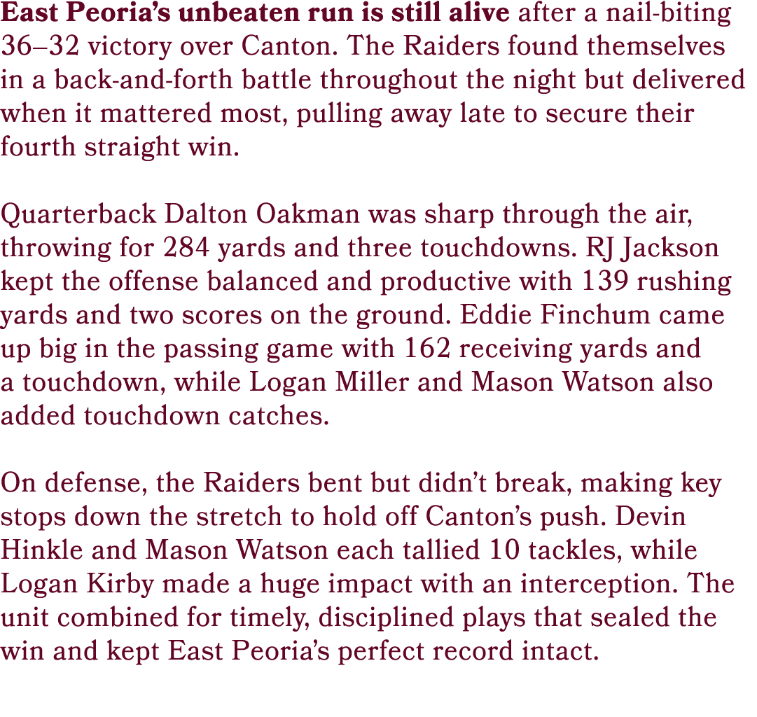 East Peoria’s unbeaten run is still alive after a nail biting 36–32 victory over Canton. The Raiders found themselves...