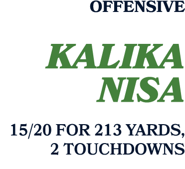 Offensive Kalika Nisa 15/20 FOR 213 yards, 2 TOUCHDOWNS