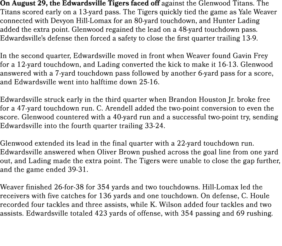 On August 29, the Edwardsville Tigers faced off against the Glenwood Titans. The Titans scored early on a 13 yard pas...