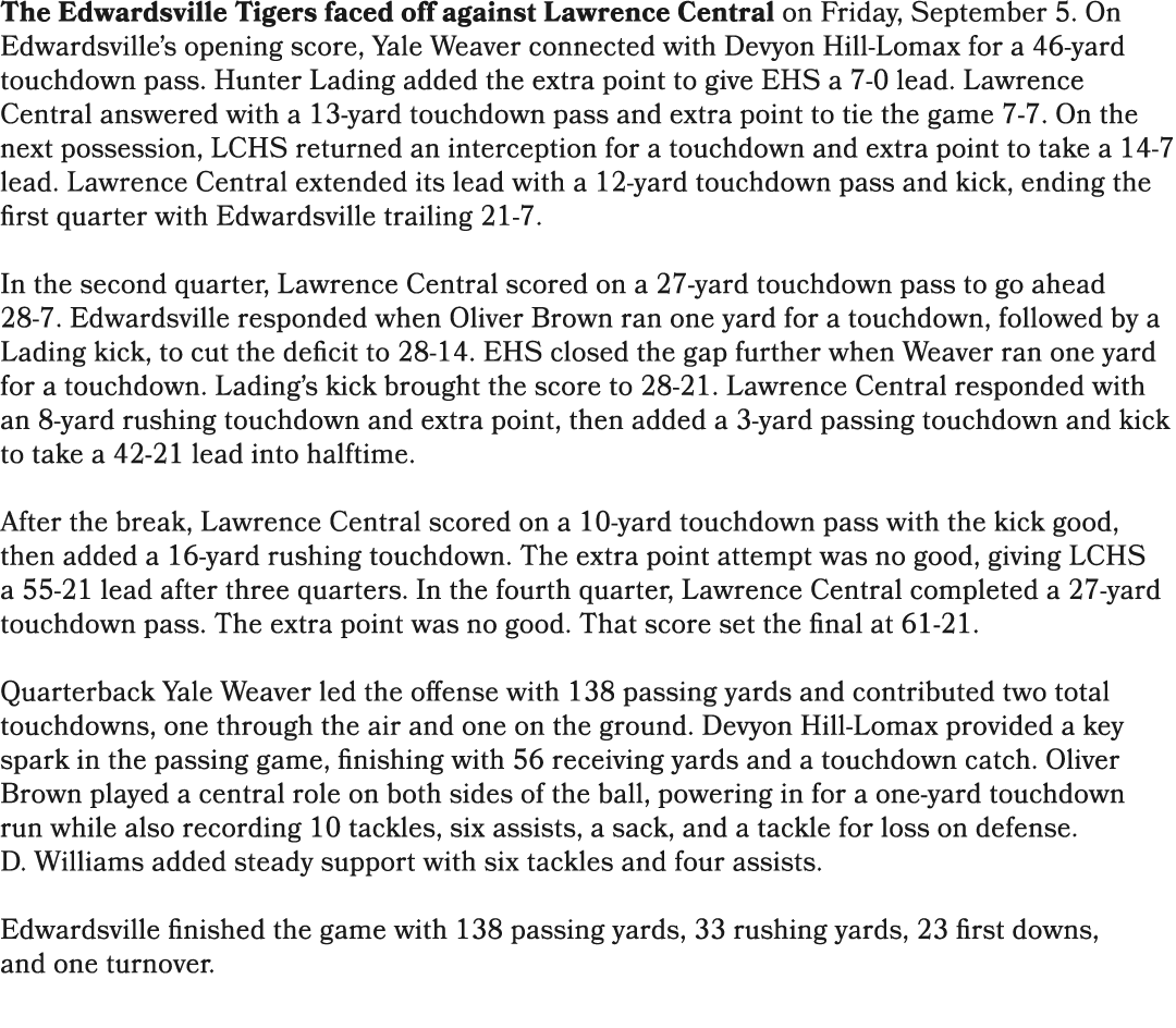 The Edwardsville Tigers faced off against Lawrence Central on Friday, September 5. On Edwardsville’s opening score, Y...