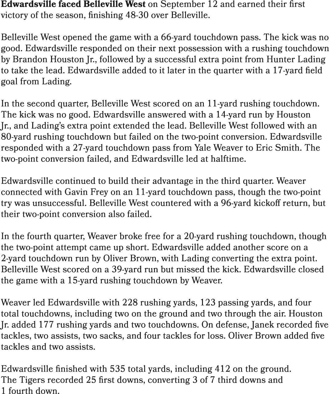 Edwardsville faced Belleville West on September 12 and earned their first victory of the season, finishing 48 30 over...