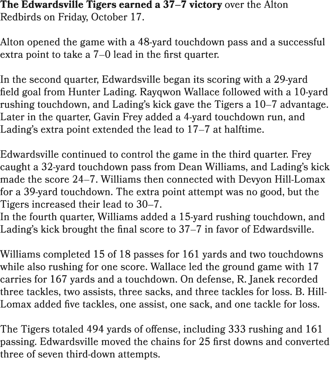 The Edwardsville Tigers earned a 37–7 victory over the Alton Redbirds on Friday, October 17. Alton opened the game wi...