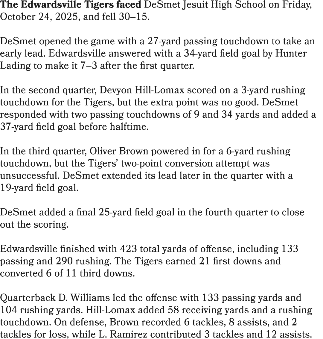 The Edwardsville Tigers faced DeSmet Jesuit High School on Friday, October 24, 2025, and fell 30–15. DeSmet opened th...