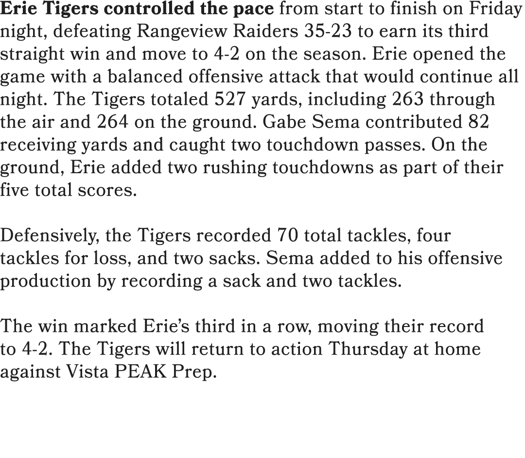 Erie Tigers controlled the pace from start to finish on Friday night, defeating Rangeview Raiders 35 23 to earn its t...