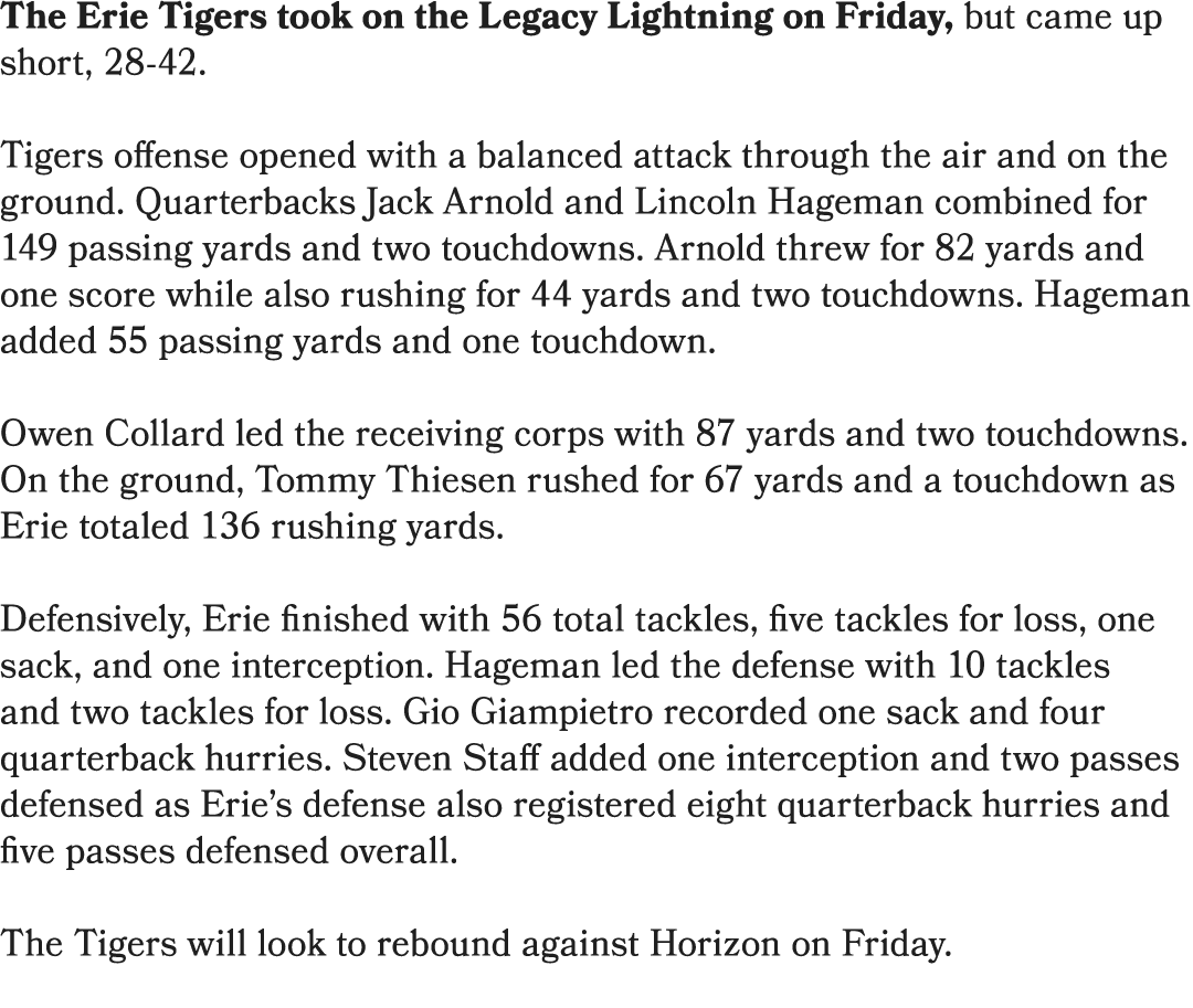 The Erie Tigers took on the Legacy Lightning on Friday, but came up short, 28 42. Tigers offense opened with a balanc...