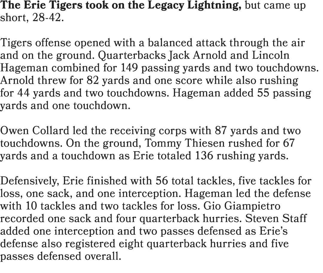 The Erie Tigers took on the Legacy Lightning, but came up short, 28 42. Tigers offense opened with a balanced attack ...
