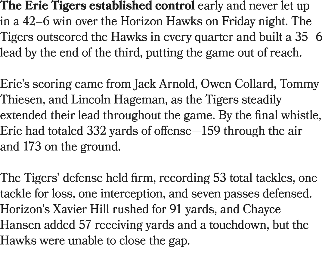 The Erie Tigers established control early and never let up in a 42–6 win over the Horizon Hawks on Friday night. The ...