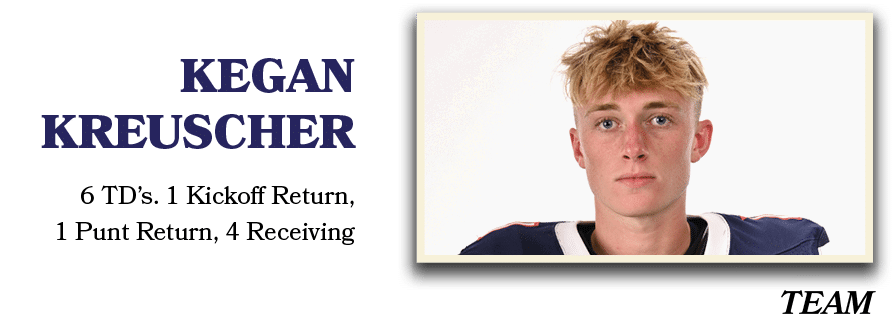 6 TD’s. 1 Kickoff Return, 1 Punt Return, 4 Receiving,Kegan Kreuscher,tea