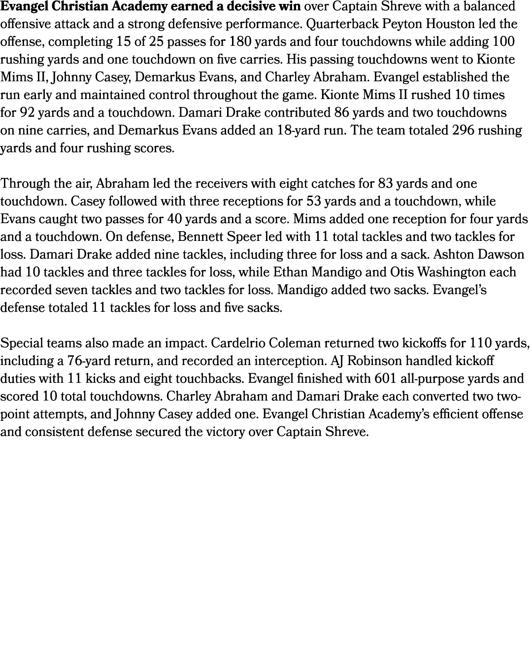 Evangel Christian Academy earned a decisive win over Captain Shreve with a balanced offensive attack and a strong def...