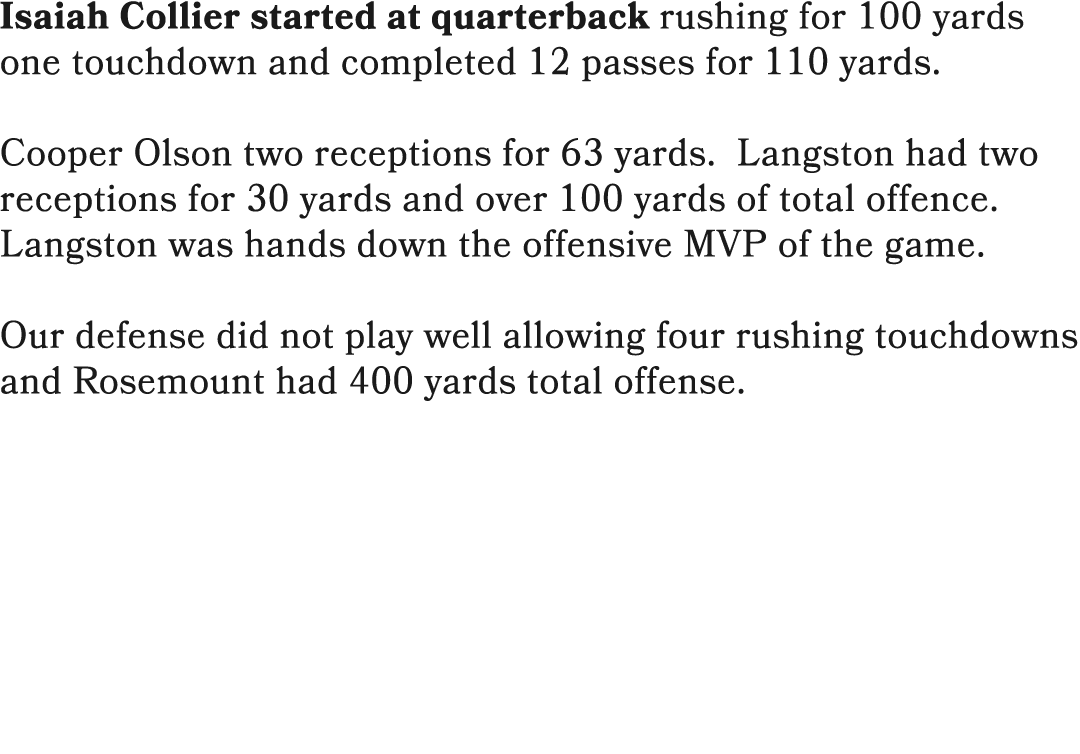 Isaiah Collier started at quarterback rushing for 100 yards one touchdown and completed 12 passes for 110 yards. Coop...