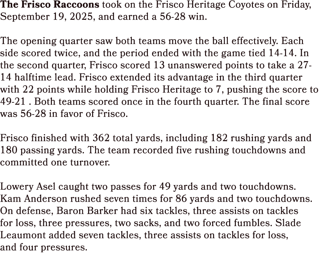 The Frisco Raccoons took on the Frisco Heritage Coyotes on Friday, September 19, 2025, and earned a 56 28 win. The op...