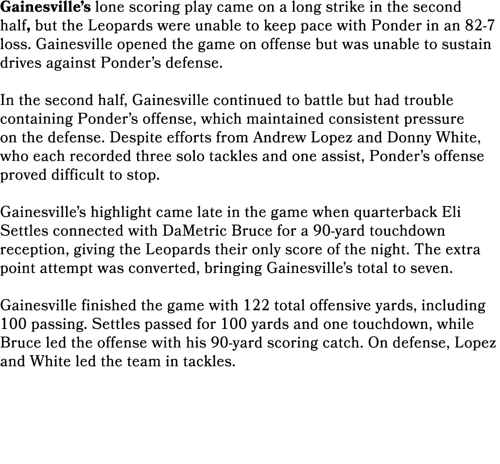 Gainesville’s lone scoring play came on a long strike in the second half, but the Leopards were unable to keep pace w...
