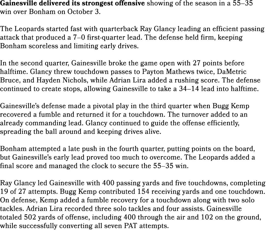 Gainesville delivered its strongest offensive showing of the season in a 55–35 win over Bonham on October 3. The Leop...