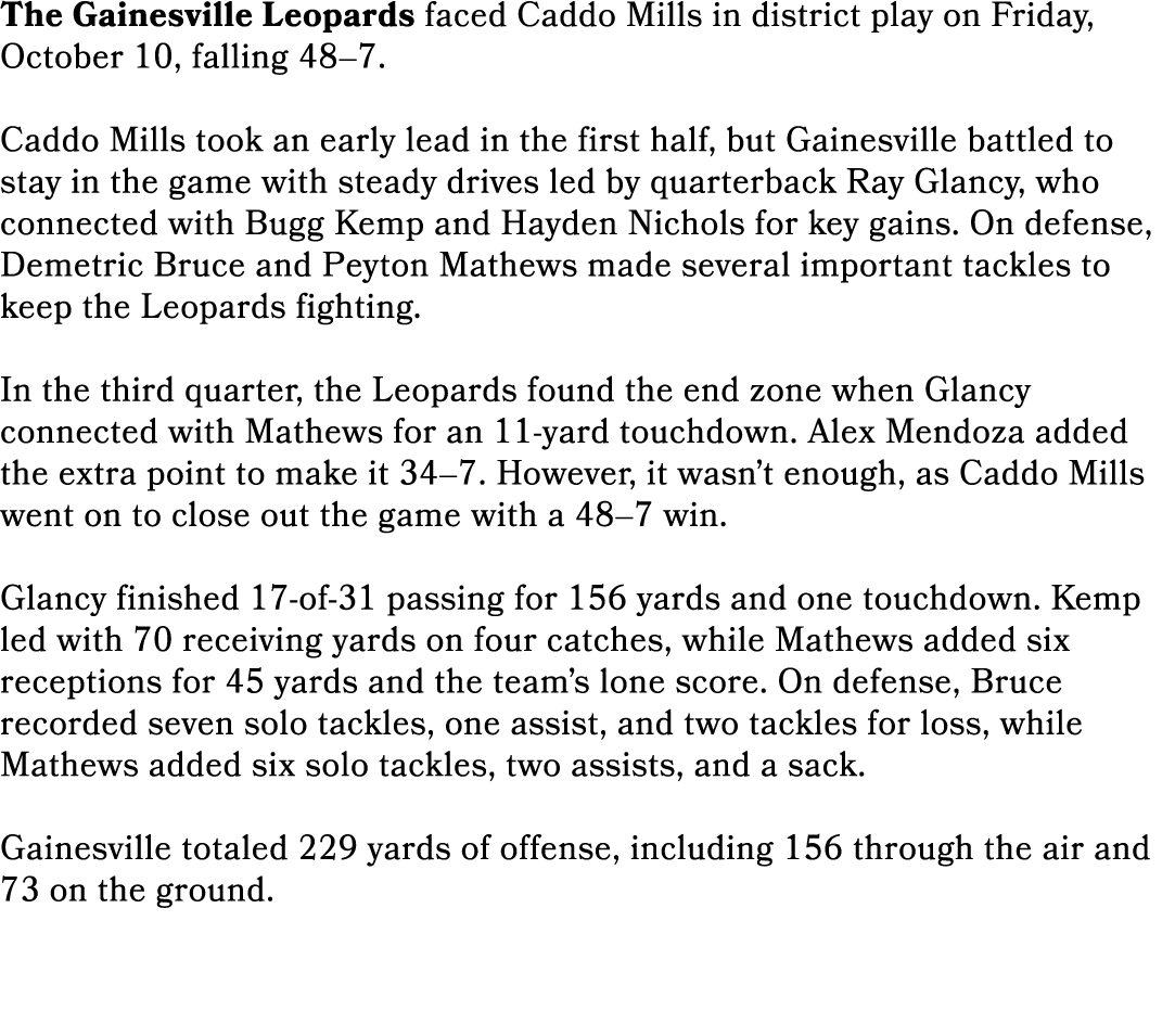 The Gainesville Leopards faced Caddo Mills in district play on Friday, October 10, falling 48–7. Caddo Mills took an ...