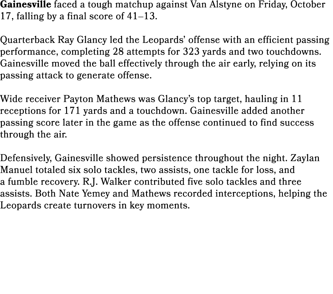 Gainesville faced a tough matchup against Van Alstyne on Friday, October 17, falling by a final score of 41–13. Quart...