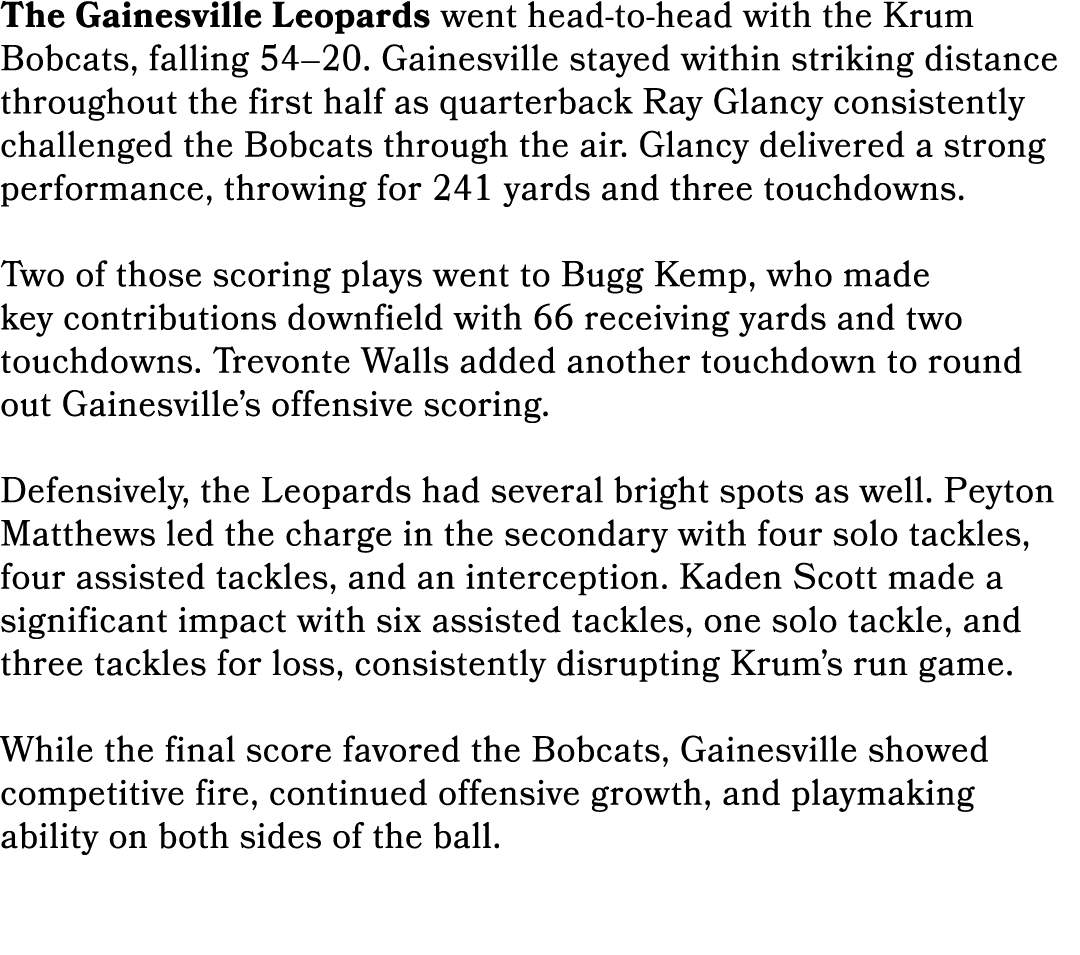 The Gainesville Leopards went head to head with the Krum Bobcats, falling 54–20. Gainesville stayed within striking d...