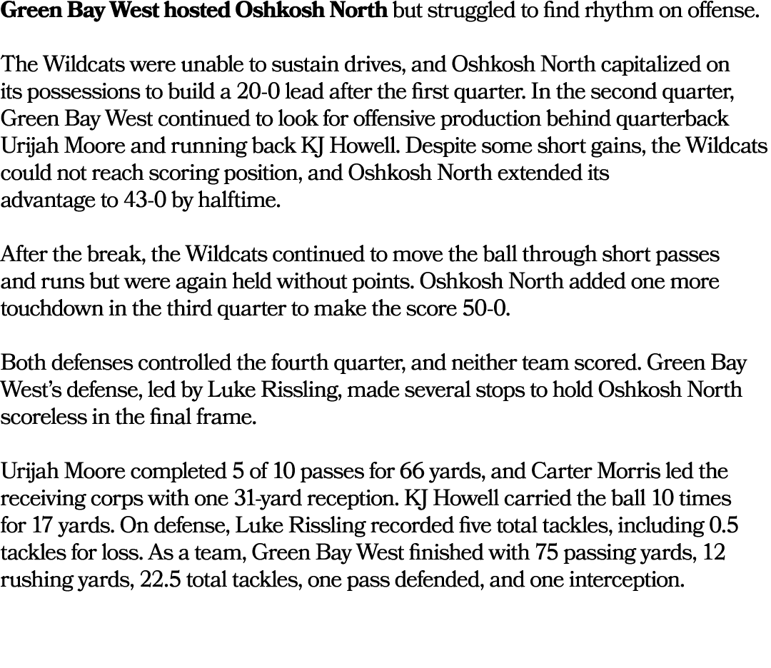 Green Bay West hosted Oshkosh North but struggled to find rhythm on offense. The Wildcats were unable to sustain driv...