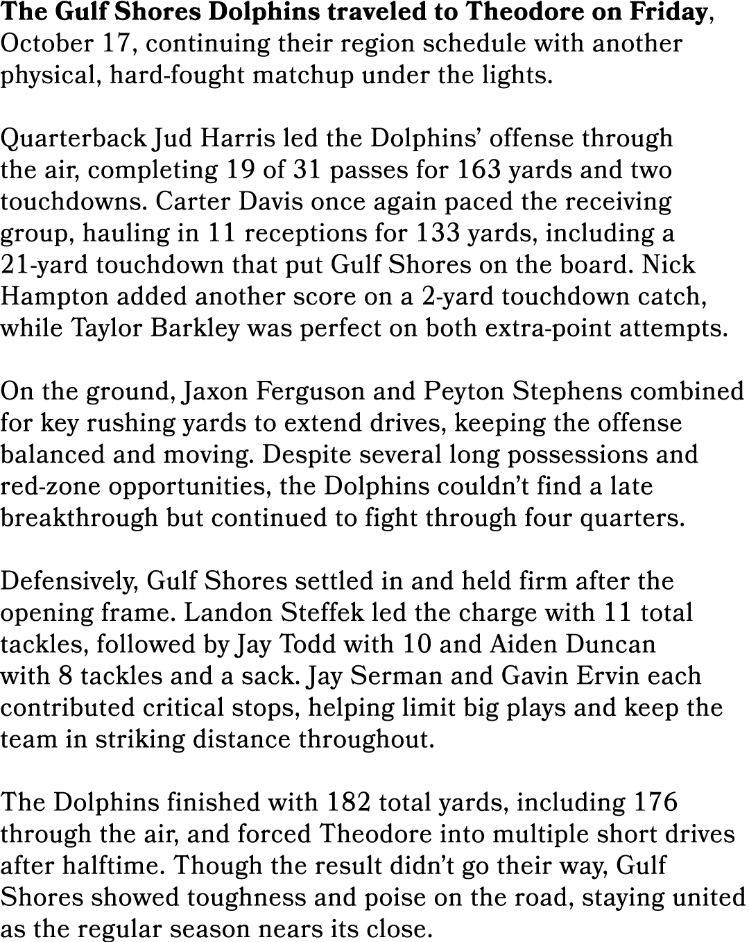 The Gulf Shores Dolphins traveled to Theodore on Friday, October 17, continuing their region schedule with another ph...