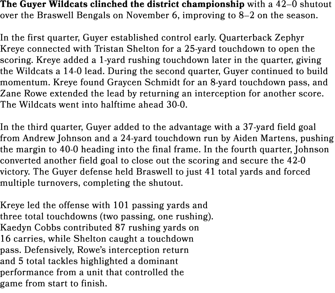 The Guyer Wildcats clinched the district championship with a 42–0 shutout over the Braswell Bengals on November 6, im...